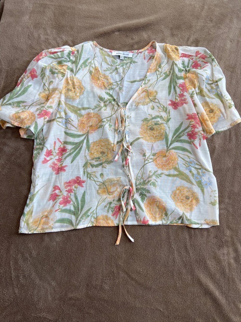 Cottagecore Soft Floral Tie-Front Blouse Flowy Romantic Silky Cream